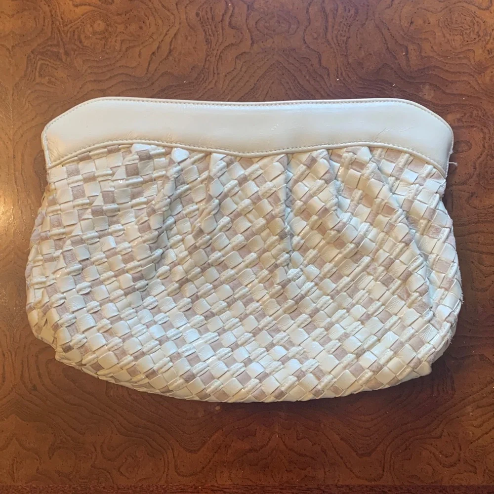 Vintage Morris Miskovitz Patchwork Woven White Leather Clutch